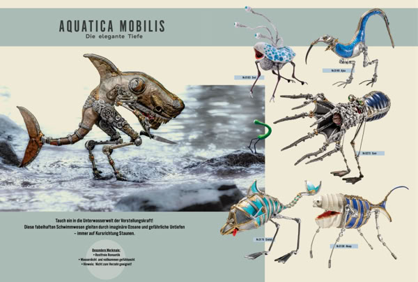 Illustration von f&uuml;nf fantastischen Kreaturen mit tier&auml;hnlichen Merkmalen und mechanischen Elementen, jede mit einem eigenen Namen und Beschreibung.
