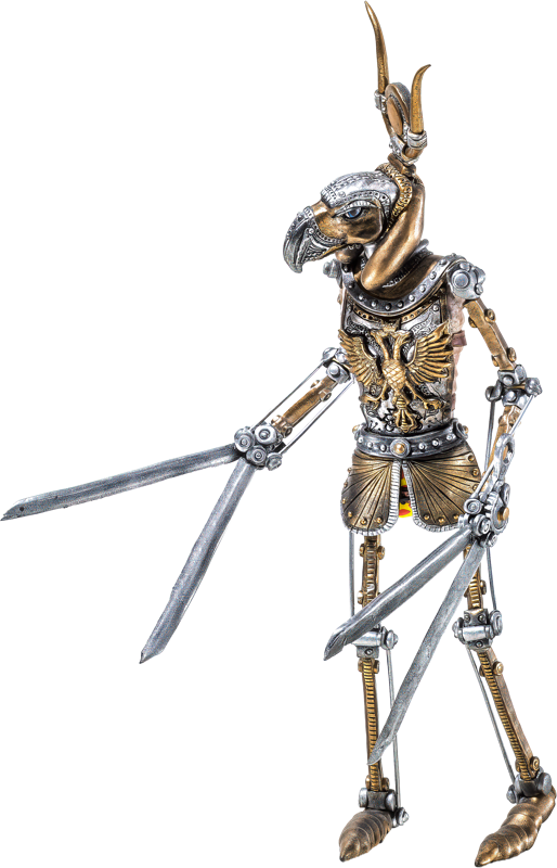 Metallische Figur mit vogel&auml;hnlichem Kopf, Fl&uuml;geln und langen Klingen an den Armen.