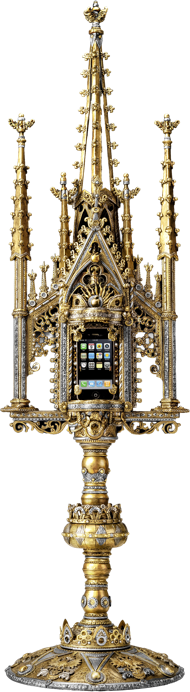 Goldener, reich verzierter gotischer Turm mit mehreren Spitzen und detaillierten Verzierungen als Halerung f&uuml;r ein iPhone.