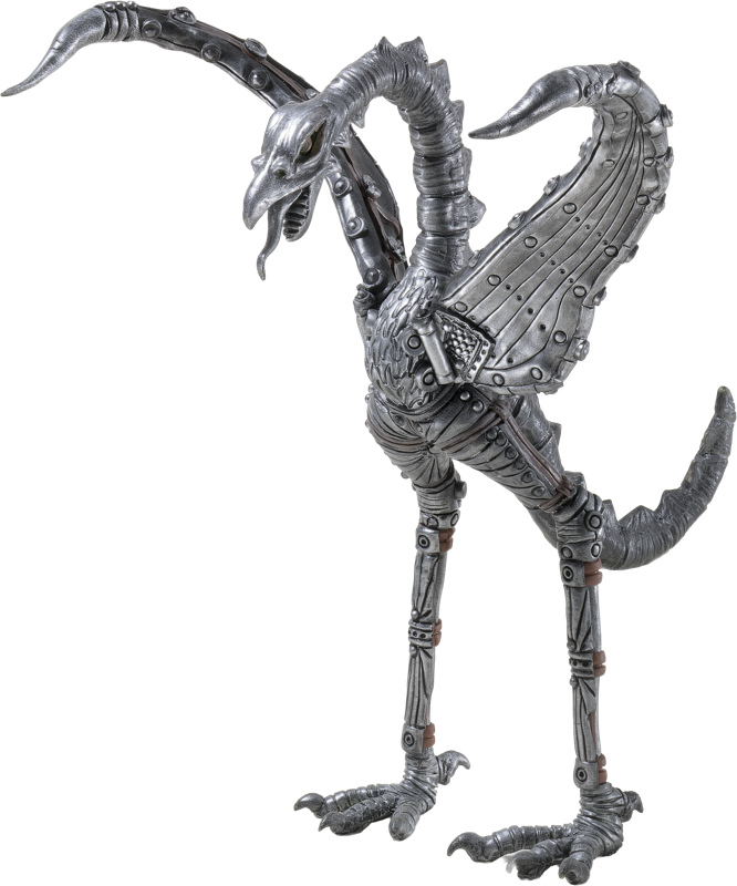 Metallische, drachen&auml;hnliche Figur mit Fl&uuml;geln, langen Beinen und einem geschwungenen Schwanz.