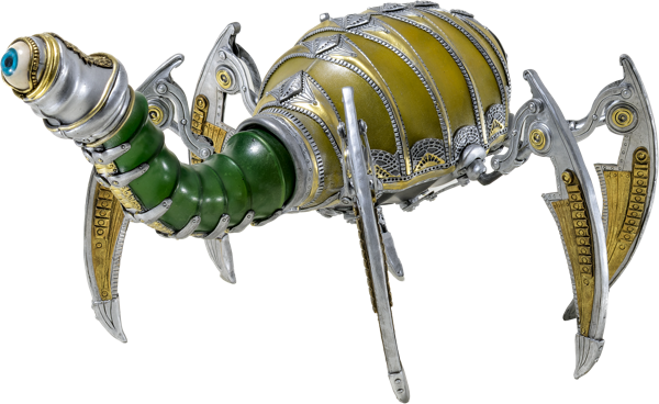 Mechanisches, spinnenartiges Wesen mit einem gr&uuml;nen und goldenen K&ouml;rper und silbernen Beinen.