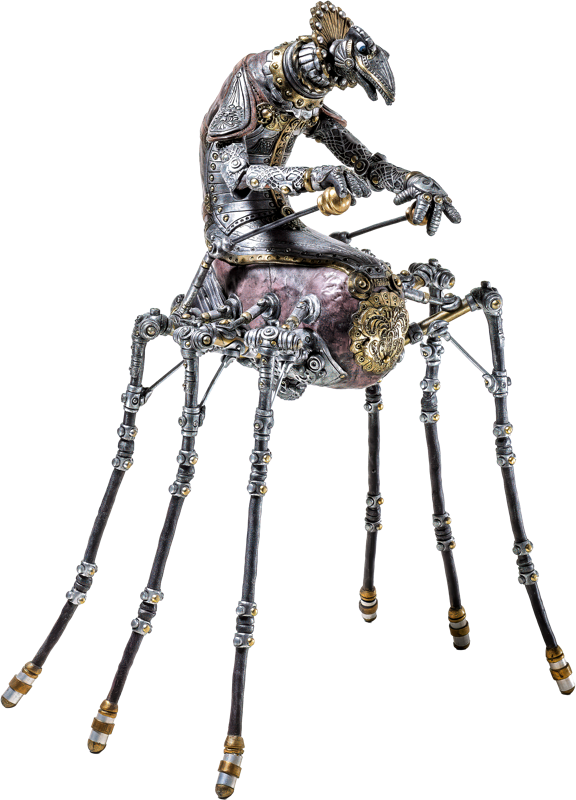 Eine skulpturartige Figur mit einem humanoiden Oberk&ouml;rper und einem spinnenartigen Unterk&ouml;rper mit mehreren langen Beinen.