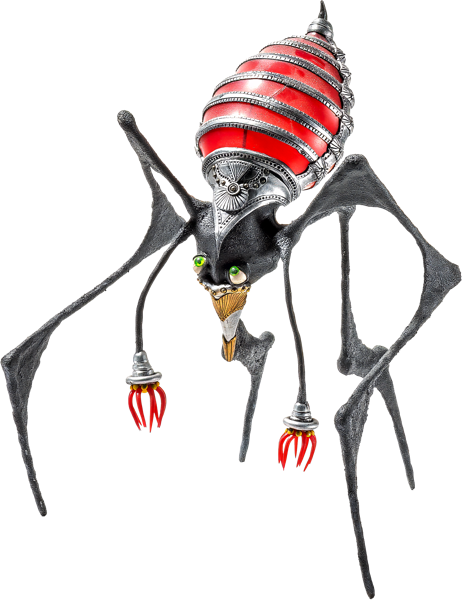Futuristisches, insektenartiges Wesen mit einem rot-gestreiften Panzer, langen Beinen und roten Klauen.