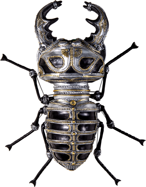 Metallskulptur eines K&auml;fers mit detaillierten Verzierungen und gro&szlig;en Mandibeln.