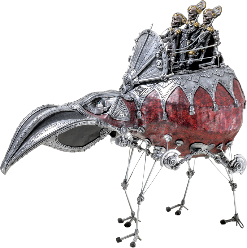 Ein mechanisches, vogel&auml;hnliches Konstrukt mit einem gro&szlig;en Schnabel und mehreren d&uuml;nnen Beinen, auf dessen R&uuml;cken drei kleine Figuren sitzen.