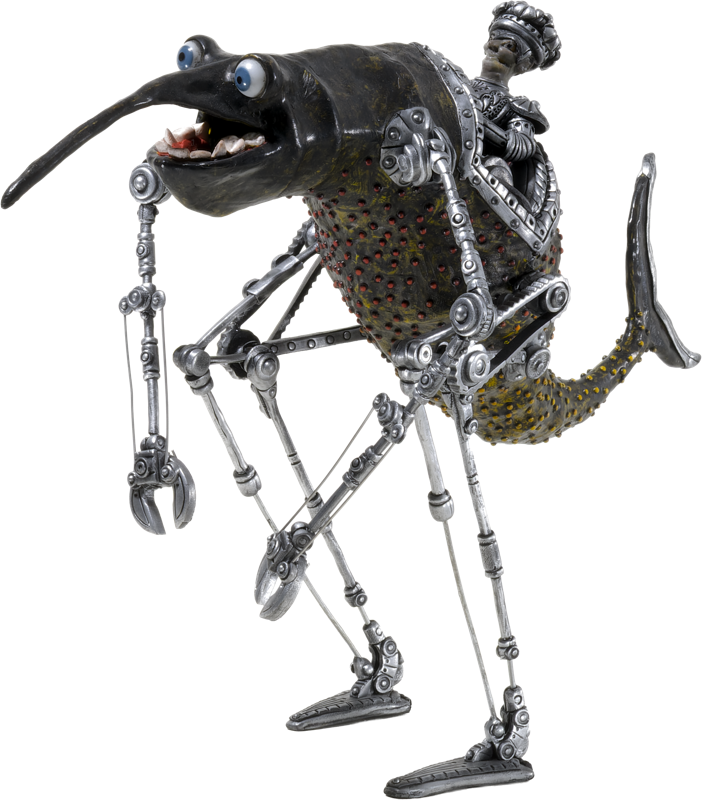 Eine skurrile Figur mit einem Fischk&ouml;rper, langen mechanischen Beinen und Armen, die in einer gehenden Pose dargestellt ist.