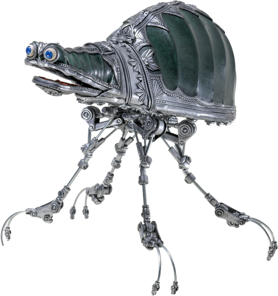 Ein mechanisches Objekt mit einem schildkr&ouml;ten&auml;hnlichen K&ouml;rper und langen, d&uuml;nnen, metallischen Beinen.