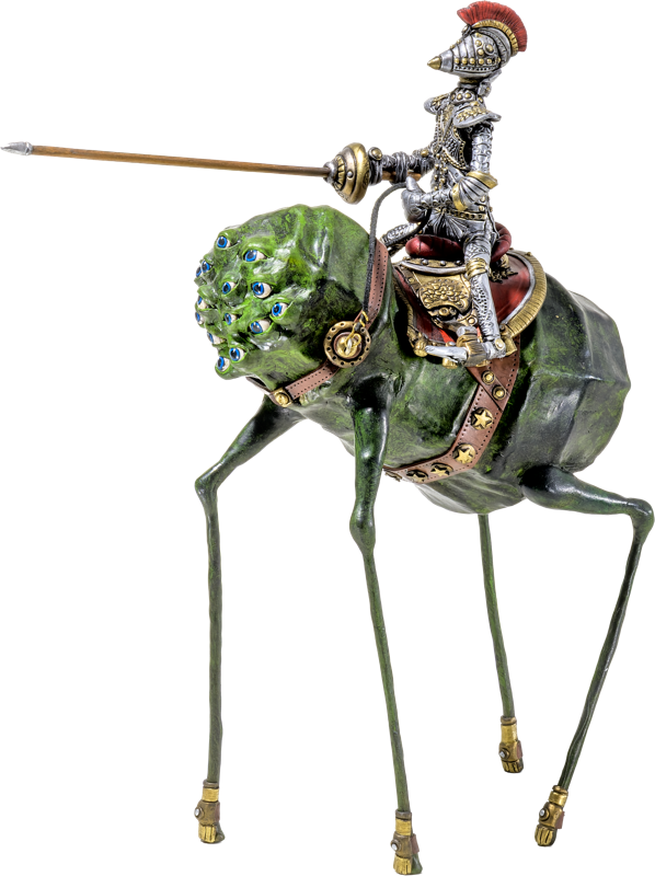 Eine Figur in Ritterr&uuml;stung reitet auf einem skulpturalen, insekten&auml;hnlichen Wesen mit langen Beinen und einem gr&uuml;nen K&ouml;rper.