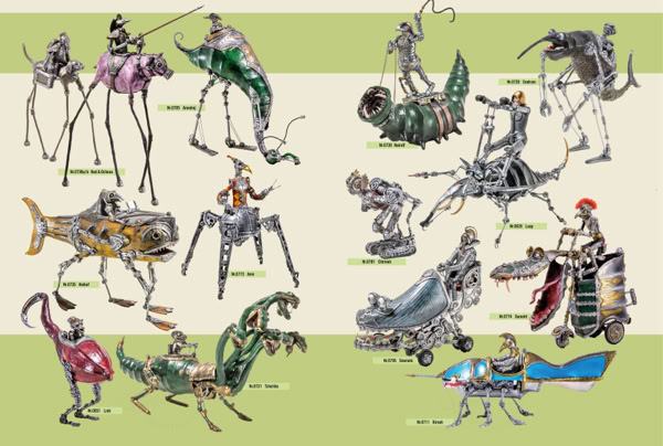 Illustration von zw&ouml;lf skurrilen, mechanischen Kreaturen mit tier&auml;hnlichen Merkmalen auf gr&uuml;nem und beigem Hintergrund.