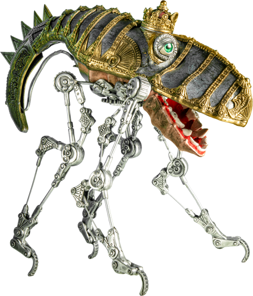Mechanisches Wesen mit einem drachen&auml;hnlichen Kopf, goldenen und gr&uuml;nen Details, einer Krone und silbernen, gelenkigen Beinen.