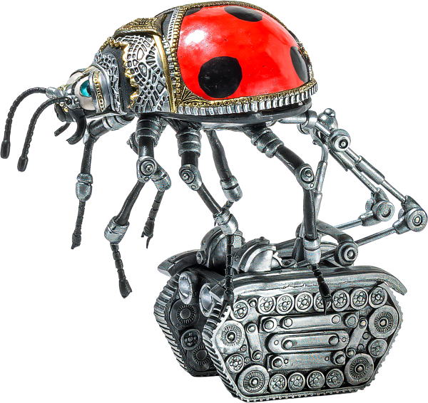 Mechanischer Marienk&auml;fer mit einem roten Panzer und schwarzen Punkten, der auf einem Raupenfahrwerk steht.