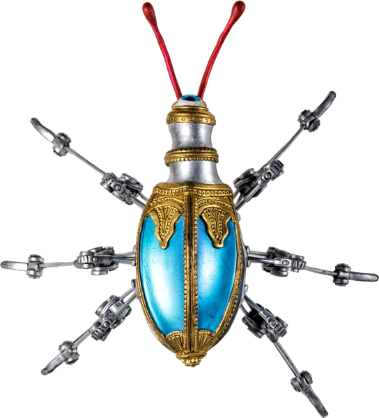 Ein metallischer K&auml;fer mit einem blauen K&ouml;rper, goldenen Verzierungen und sechs mechanischen Beinen.