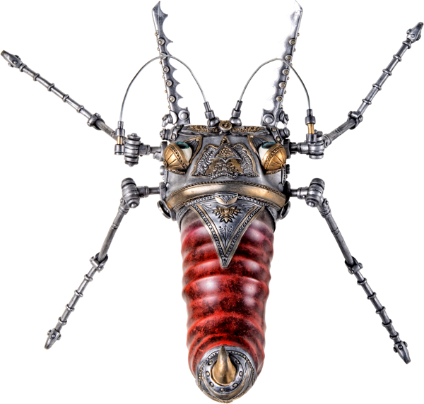 Steampunk-Insekt mit metallischen Beinen und einem rot-braunen K&ouml;rper.