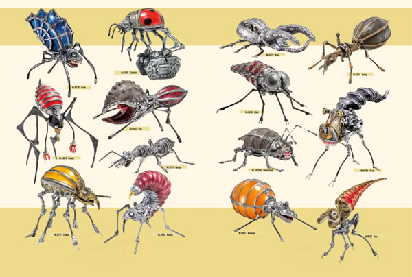 Illustration von zw&ouml;lf verschiedenen Insektenarten auf einem gelben Hintergrund.