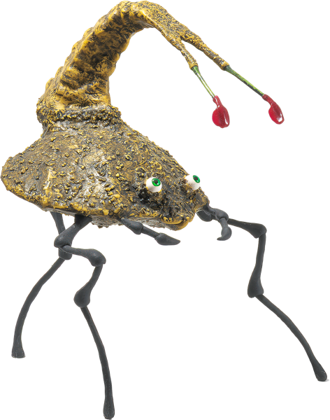 Skulptur eines fantasievollen Insekts mit langem, gebogenem K&ouml;rper, d&uuml;nnen Beinen und zwei roten F&uuml;hlern.