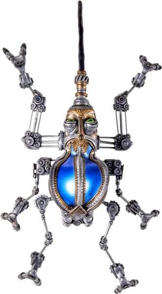 Ein mechanischer K&auml;fer mit blauen und silbernen Elementen, ausgestreckten Beinen und einem langen F&uuml;hler.