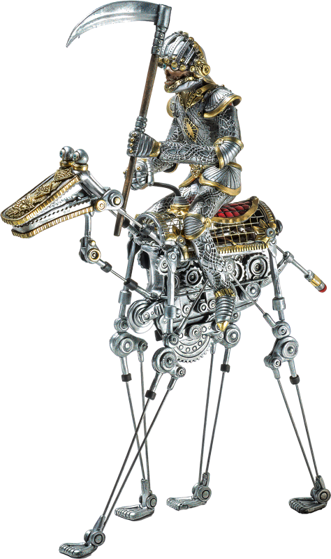 Ein mechanischer Ritter in R&uuml;stung reitet auf einem mechanischen Pferd und h&auml;lt eine Sense.