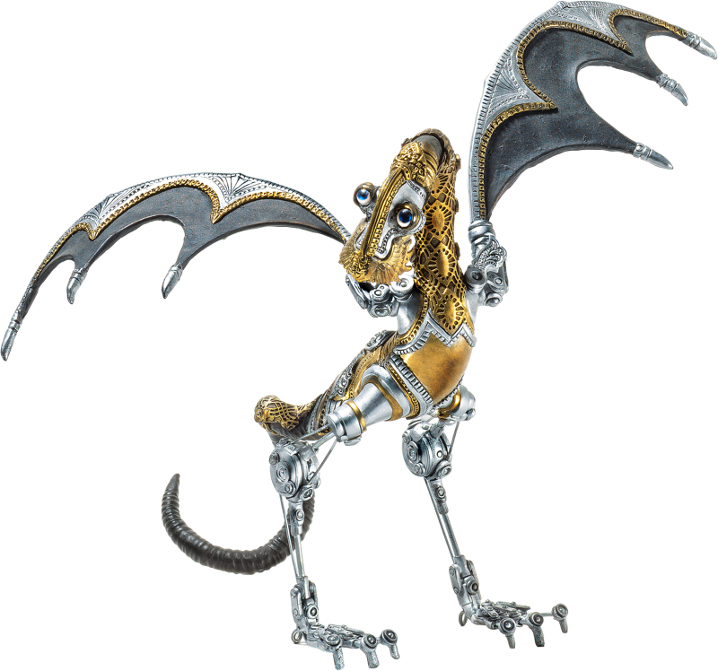 Silberner und goldener mechanischer Drache mit ausgebreiteten Fl&uuml;geln.