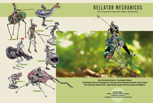 Illustration von mechanischen Kreaturen mit Insektenmerkmalen auf der linken Seite und einer gr&ouml;&szlig;eren, detaillierten Darstellung einer &auml;hnlichen Kreatur auf der rechten Seite, umgeben von einem nat&uuml;rlichen Hintergrund.