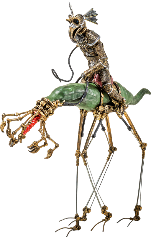 Skulptur eines fisch&auml;hnlichen Wesens, das auf einem mehrbeinigen, insektenartigen Gesch&ouml;pf mit gr&uuml;nem K&ouml;rper und langen, d&uuml;nnen Beinen reitet.
