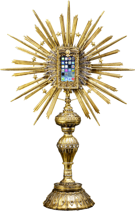 Goldener St&auml;nder mit strahlenf&ouml;rmigem Design, in dessen Mitte ein Smartphone platziert ist.