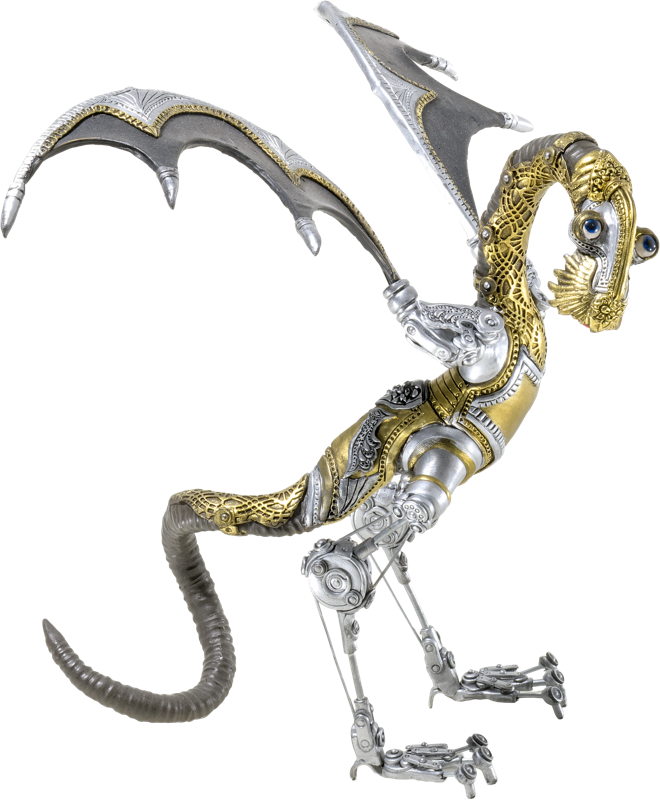 Silberne und goldene mechanische Drachenfigur mit Fl&uuml;geln und langem Schwanz.