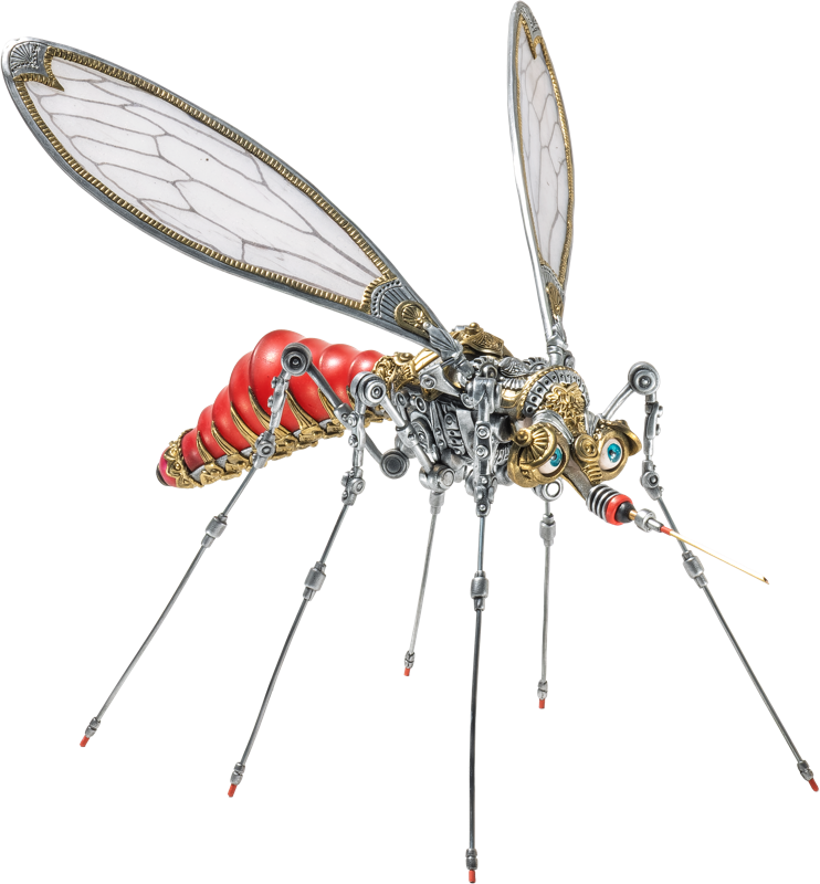 Mechanische Insektenfigur mit durchsichtigen Fl&uuml;geln, roten und silbernen K&ouml;rperteilen und langen, d&uuml;nnen Beinen.