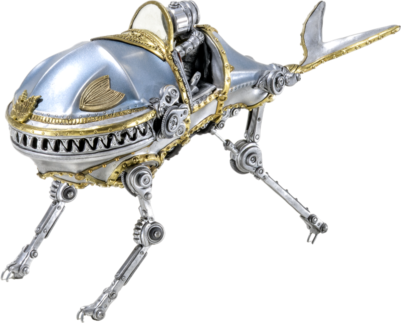 Ein silbernes, mechanisches Wesen mit einem K&ouml;rper, der einem Hai &auml;hnelt, und vier metallischen Beinen.