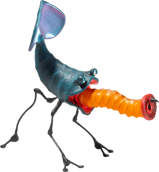 Eine skurrile Kreatur mit einem blauen K&ouml;rper, vier d&uuml;nnen Beinen und einem orangefarbenen, wurmartigen R&uuml;ssel.