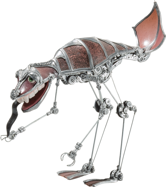 Metallische Skulptur eines tier&auml;hnlichen Wesens mit langen Beinen, einem gro&szlig;en Maul und einem Schwanz.