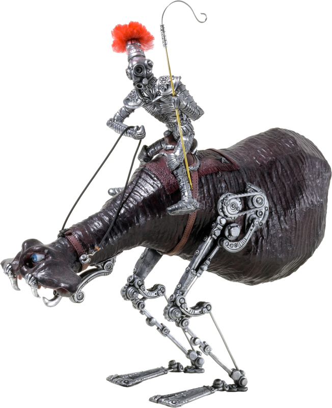 Ein mechanisches Modell eines Ritters mit rotem Federhelm, der auf einem tier&auml;hnlichen, mechanischen Wesen reitet.