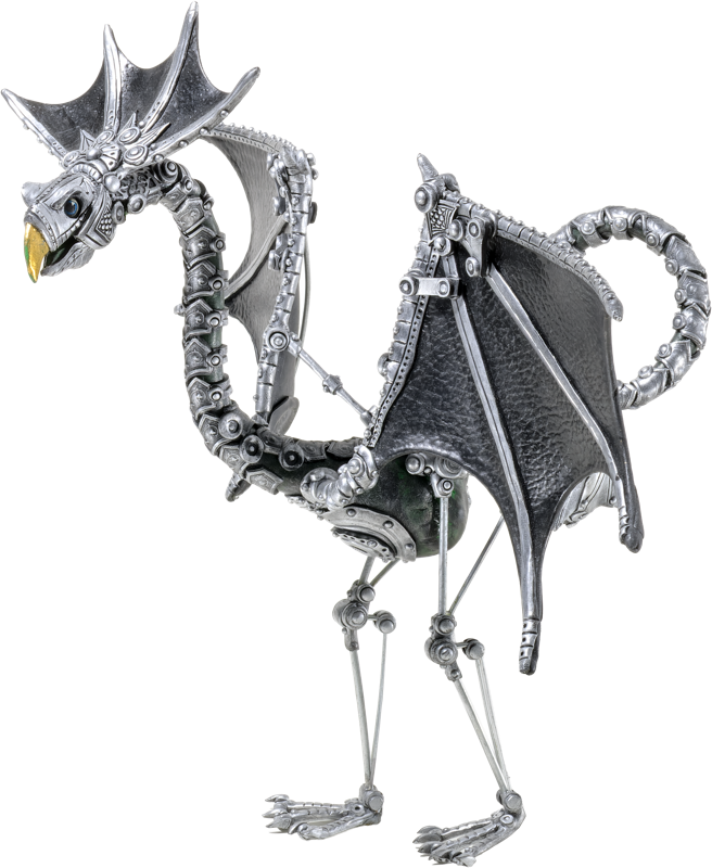 Silberner, mechanischer Drache mit Fl&uuml;geln und einem langen Hals.