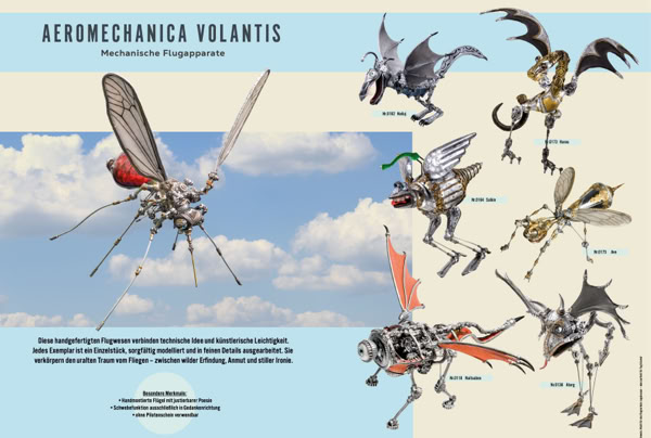 Illustration von sechs mechanischen Flugapparaten, die Insekten und Tieren &auml;hneln, mit Fl&uuml;geln und verschiedenen mechanischen Details, vor einem Hintergrund aus Himmel und Wolken.