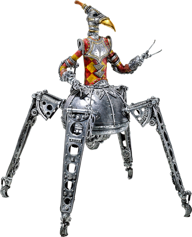 Roboter mit vier mechanischen Beinen und einem Oberk&ouml;rper in buntem Harlekin-Kost&uuml;m, mit einem vogel&auml;hnlichen Kopf.