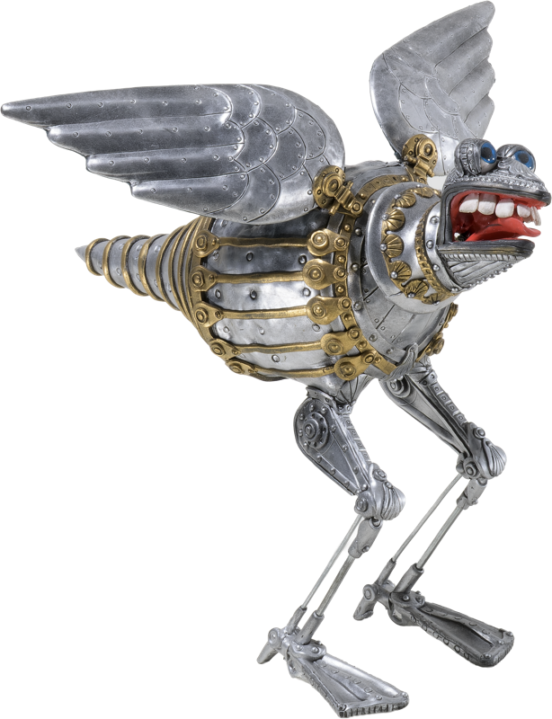Metallische, vogel&auml;hnliche Skulptur mit Fl&uuml;geln, einem Bohrer als K&ouml;rper und mechanischen Beinen.