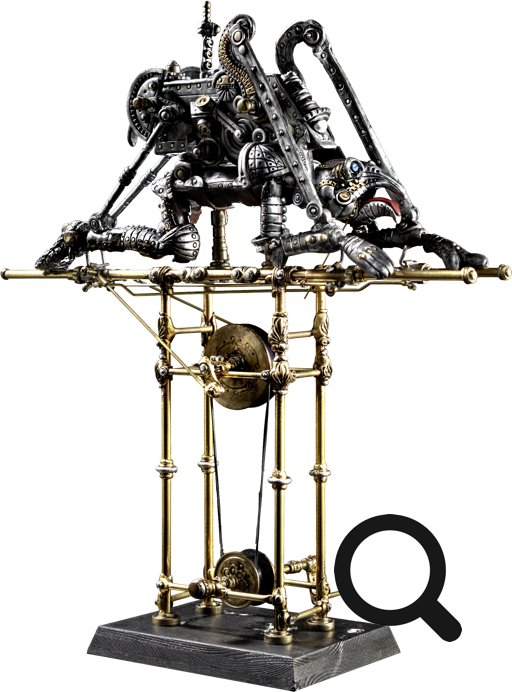 Metallische Skulptur mit komplexen mechanischen Teilen und Rohren auf einem rechteckigen Sockel.