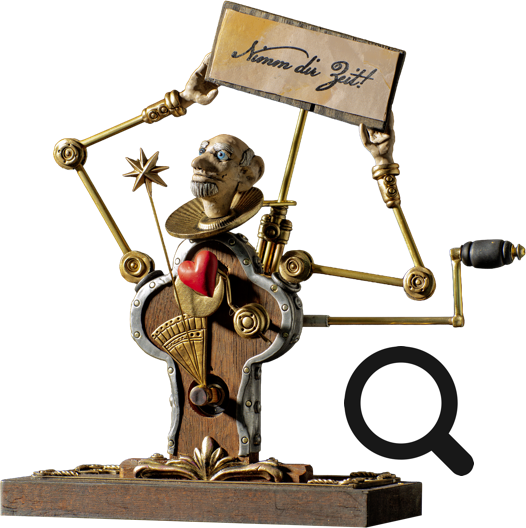 Eine skulpturartige Figur mit mehreren Armen, die ein Schild h&auml;lt.