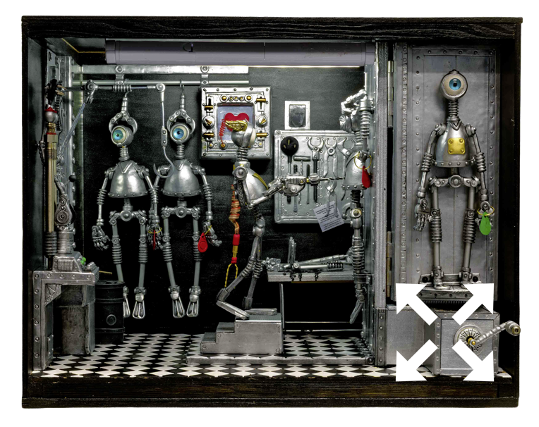 Miniaturmodell eines Raumes mit mehreren Roboterfiguren, technischen Ger&auml;ten und einem Schachbrettmusterboden.