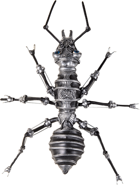 Metallische Skulptur eines Insekts mit sechs Beinen und zwei F&uuml;hlern.