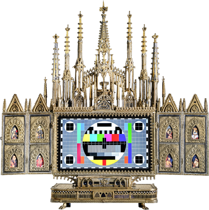 Ein kunstvoll gestalteter, goldener Shrein mit gotischen Elementen umgibt einen TV Ger&auml;t, der ein Testbild zeigt.