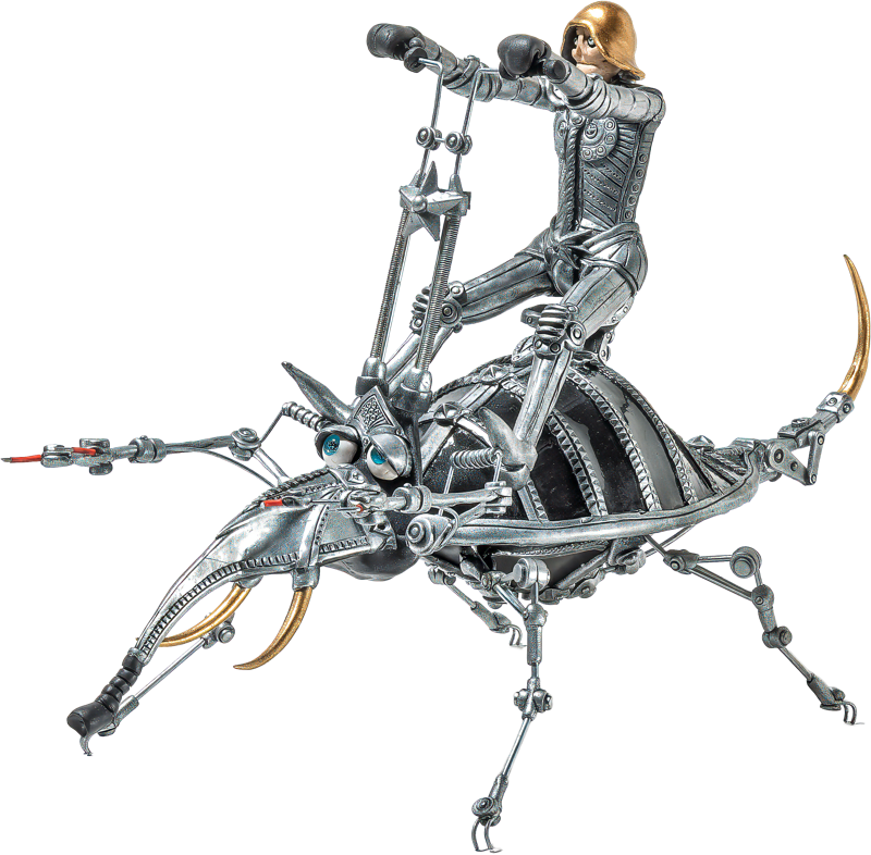 Ein Roboter mit goldfarbenem Kopf reitet auf einem mechanischen Insekt mit langen Beinen und H&ouml;rnern.