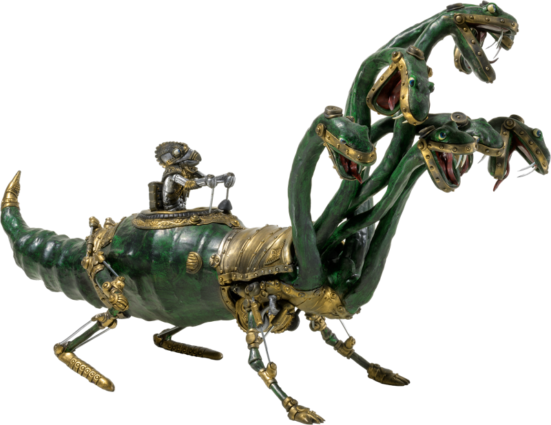 Mechanisches Modell eines mehrk&ouml;pfigen, drachen&auml;hnlichen Wesens mit goldenen und gr&uuml;nen Elementen.